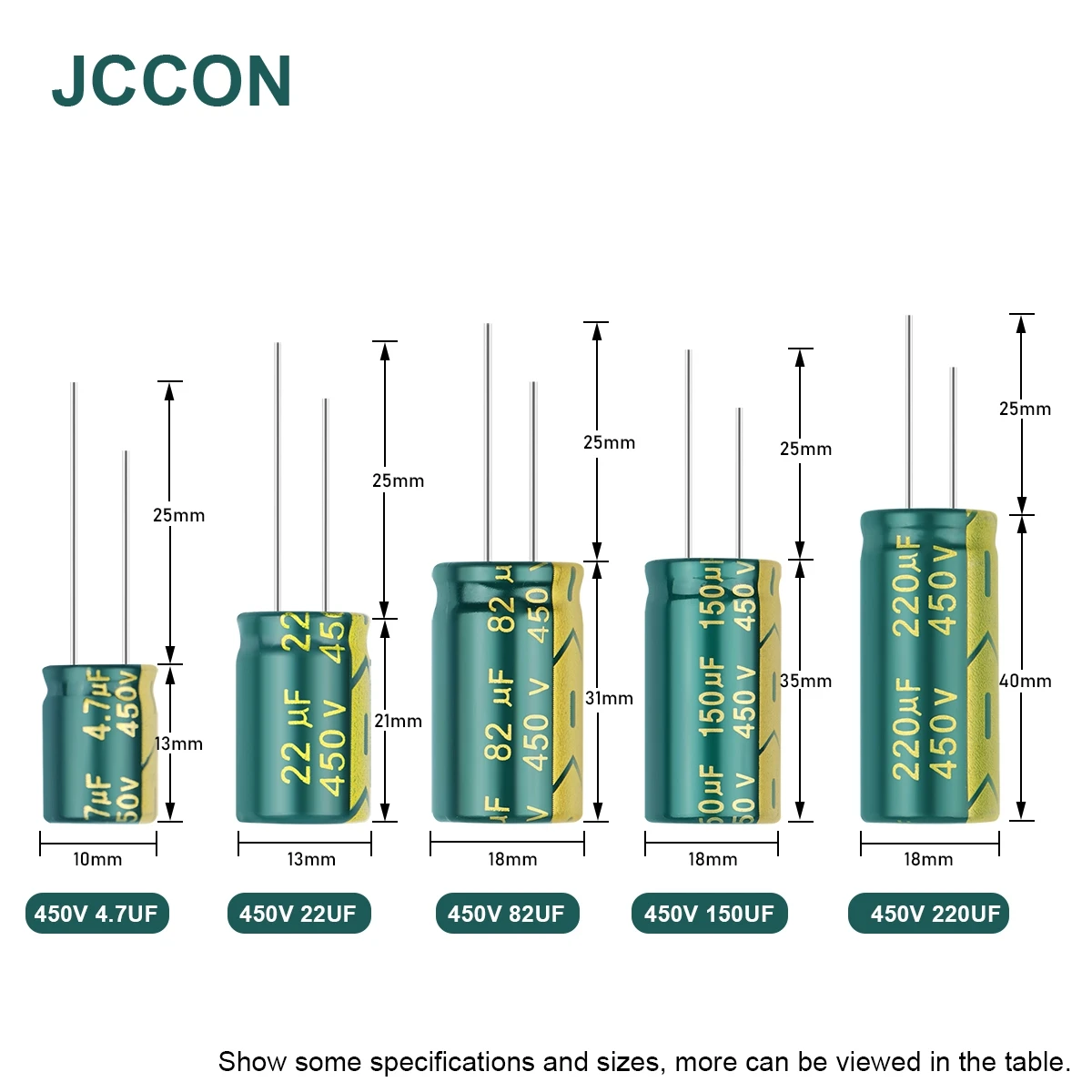 JCCON Aluminum Electrolytic Capacitor High Frequency Low ESR 6.3V 10V 16V  25V 35V 50V 63V 100V 400V 450V 100UF 220UF 330UF 470UF