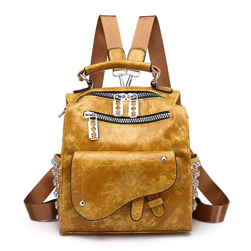 Дизайн заклепки женский кожаный рюкзак рюкзаки кошелек винтажная женская сумка маленький дорожный рюкзак леди мочила feminina - Цвет: Yellow