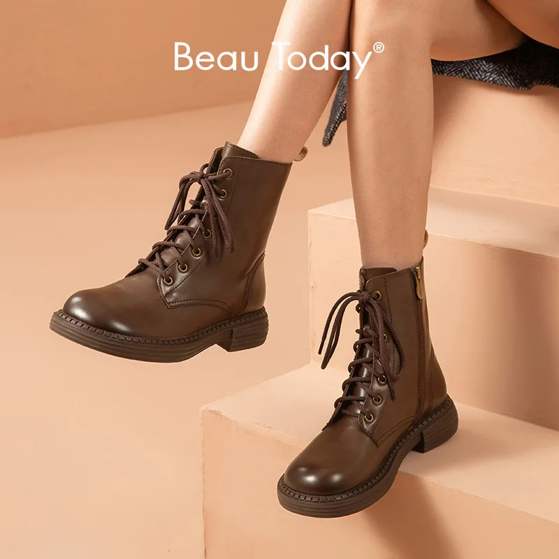 BeauToday-발목 부츠, 여성 송아지 가죽 금속 구멍, 사이드 지퍼 레이스 업, 여성 두꺼운 뒤꿈치 신발, 수제 04050
