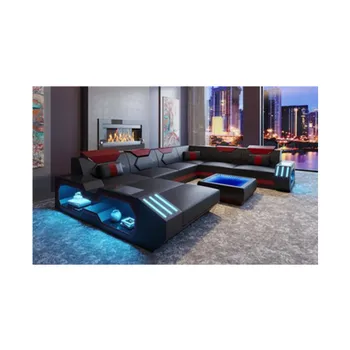 

Hot sale leather sofa indoor furnitures house LED light sofa U-Shape design sofa