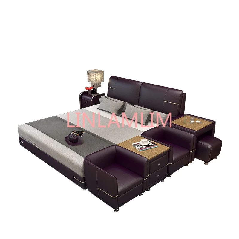 Real Genuine cow leather bed Soft Beds Bedroom camas lit muebles de dormitorio yatak mobilya quarto dresser stool кровать двуспа