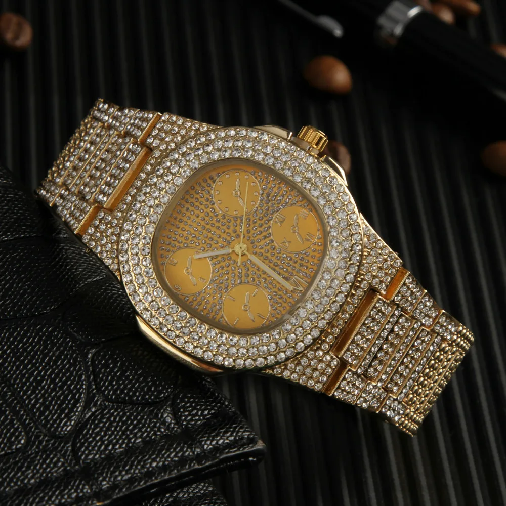 Роскошные мужские золотые часы, ожерелье в стиле хип-хоп, мужские часы, ожерелье, кулон, браслет, кольцо и серьги, комбинированный набор, кубинское украшение