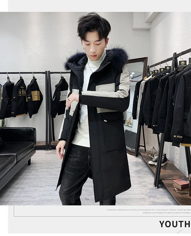 Cotton-padded Clothes Men's Mid-length Winter Coat Korean-style Fashion Teenager Handsome Hooded down Jacket Cotton-padded Cloth