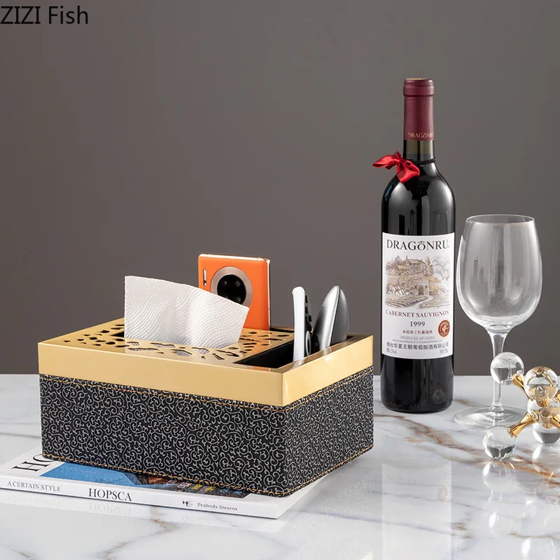 Metal leather tissue box Paper box Desktop storage organization ornaments Black print Embossed golden hollow Home Decoration 3