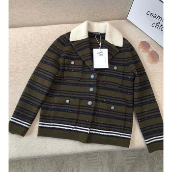 

Cosmicchic 2020 Women Stripe Cashmere Cardigan Lapel Single-Breasted Pocket Knitting Jacket Runway Elegant Sweater Coat Female