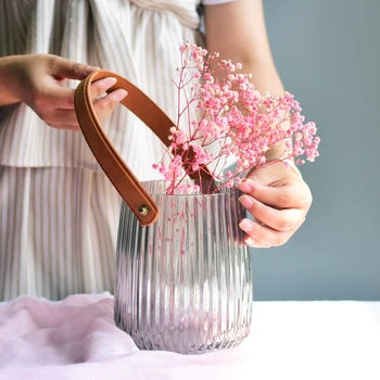 

Leather Hand-held Glass Vase Grey Stripe Creative Dry Flower Container Plants Basket Home Nordic Decoration Arrangement