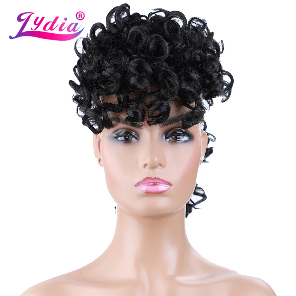 Lydia Synthetic High Puff Afro Short Curly Middle-Part Wig Clips in Hair Extension African American 90g/PCS Hairpiece Chignon lydia synthetic curly natural   kanekalon short wig for african american russian women heat resistant wigs heat resistant