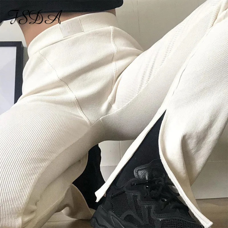 FSDA 2020 Summer Autumn High Waist Pants Long Women White Ribber Casual Embroidery Black Streetwear Bottom Split Joggers FSDA 2020 Summer Autumn High Waist Pants Long Women White Ribber Casual Embroidery Black Streetwear Bottom Split Joggers