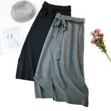 Meyooe Women Skirts Drawstring Split High Waist Knitted Bodycon Solid Casual Midi Skirt For Women