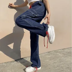 Sunny y.j. Denim baggy reta perna jeans bandagem hip hop bolsos retalhos carga jeans mulheres de cintura alta do vintage namorado mãe