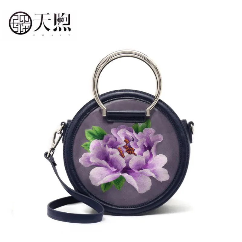 

Pmsix New Women Genuine Leather handbags quality cowhide embroidery Luxury fashion circular bag women leather shoulder bag