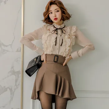 

Runway High Quality 2020 Spring Women's 2 Piece Set Korean Edition Slim Stand Collar Lotus leaf Edge Shirt Top+Short Skirt Set
