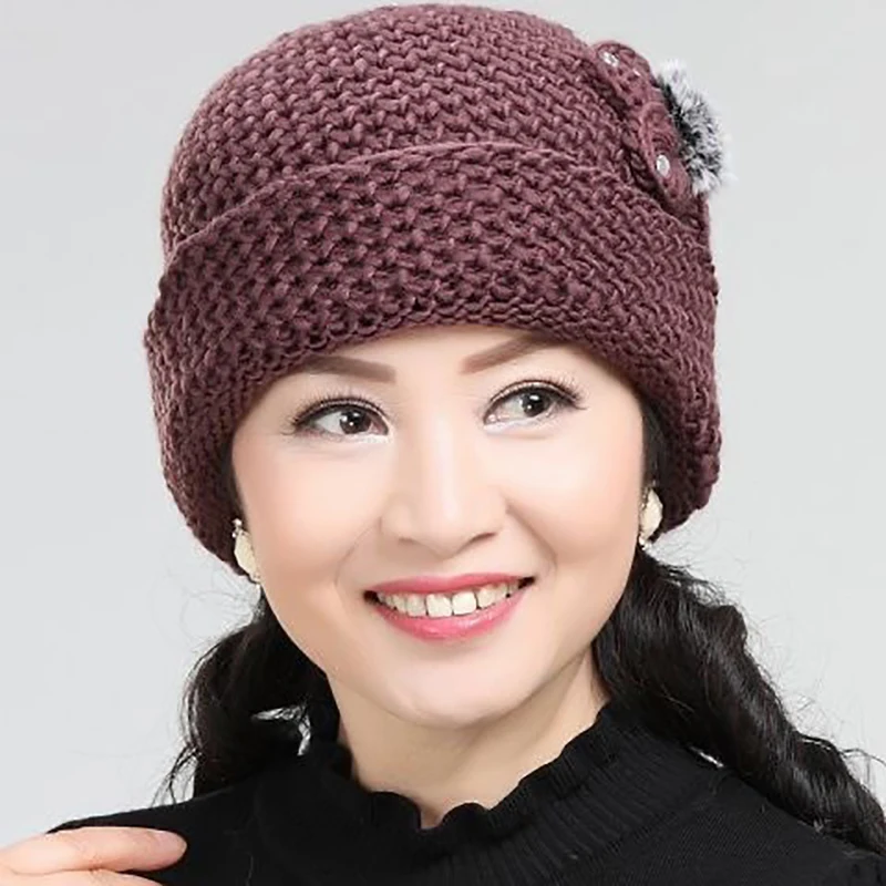 Winter middle-aged and elderly hats Beanies mother warm plus velvet thick woolen knitted hat 5