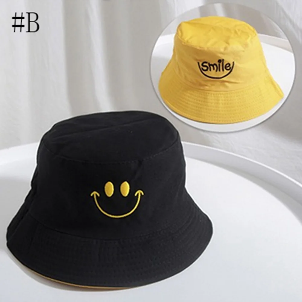 Двусторонняя ведро шапка, женские шапки на плоской подошве пляжные шляпы Повседневное в рыбацком стиле Шапки шапки с принтом шляпа ведро Шапки мужские кепки пляжные летние - Цвет: B Smile Black-Yellow
