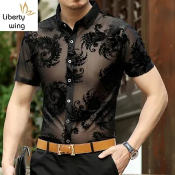 

Summer New Sexy Mens See Through Floral Embroidery Caual Slik Shirt Hollow Out Short Sleeve Party Clubwear Shirts Man Top Camisa