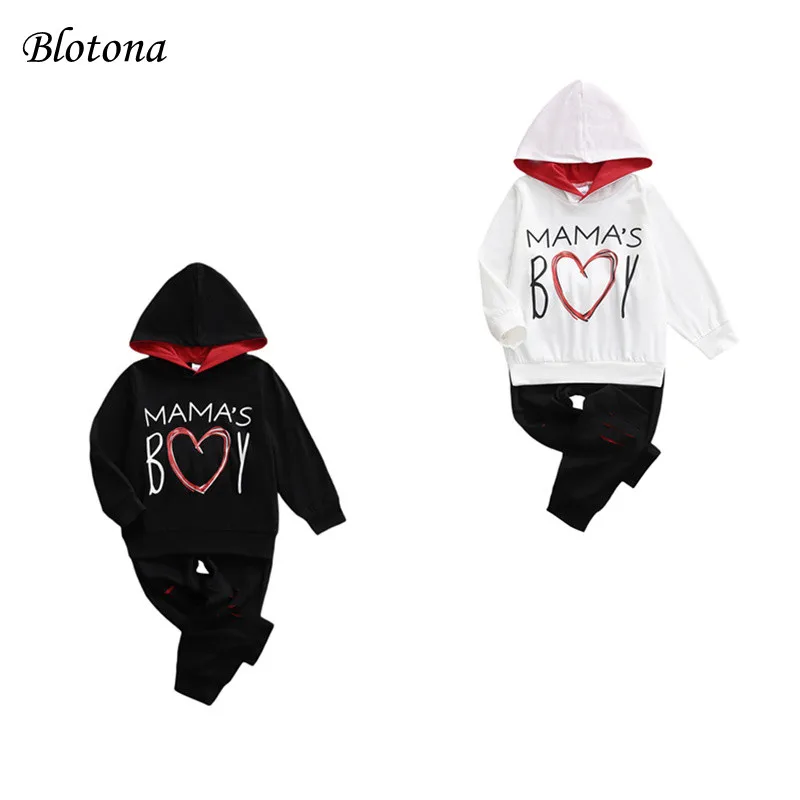 

Blotona Kids Baby Boy Spring Fall Clothes Set, Love Heart Letter Print Long Sleeve Hooded Sweatshirt+Solid Color Trousers 18M-6Y