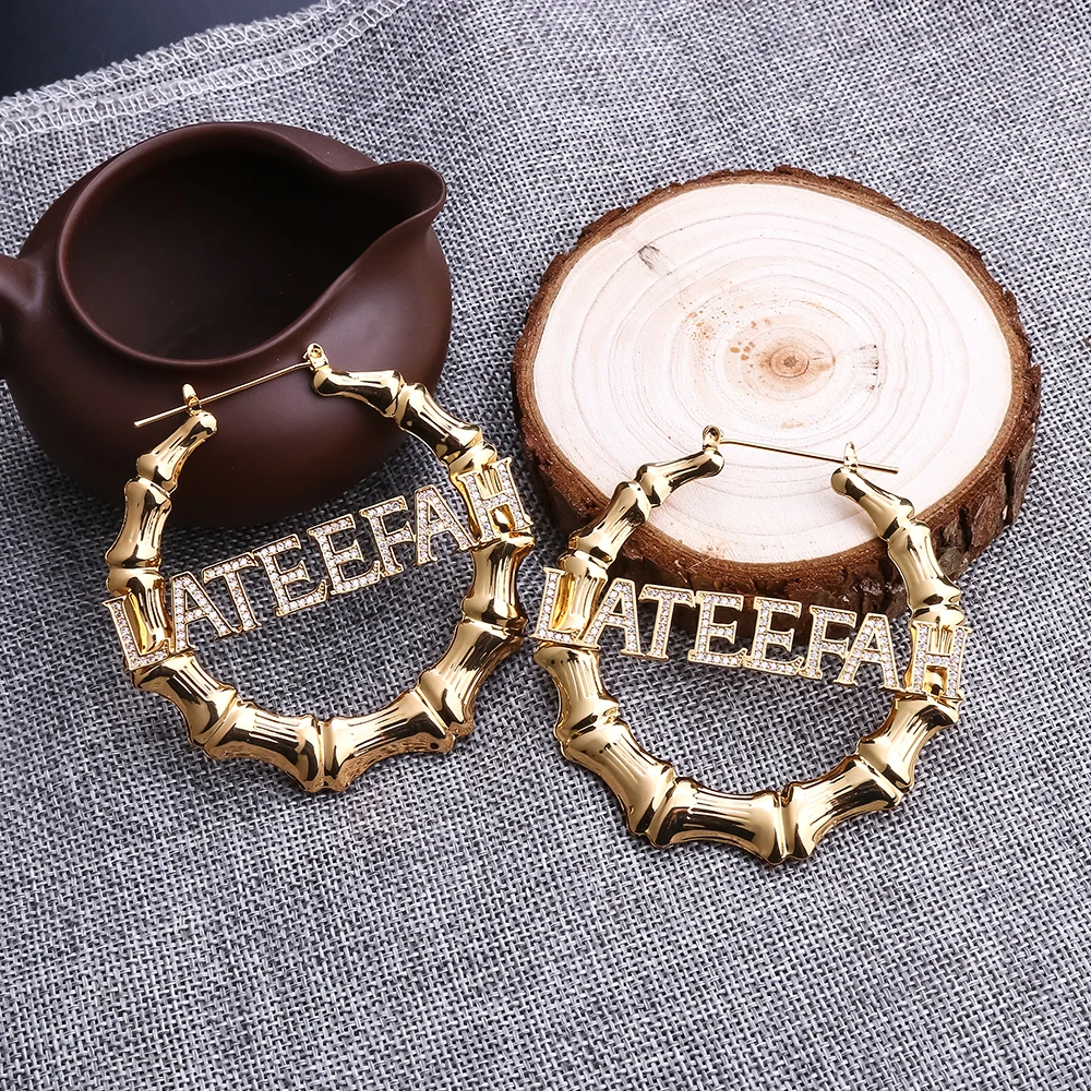 Lateefah 70mm Hiphop Sexy Bamboo Earrings Customizable Customize Name Earrings Bamboo Style Custom Hoop Earrings With Statement