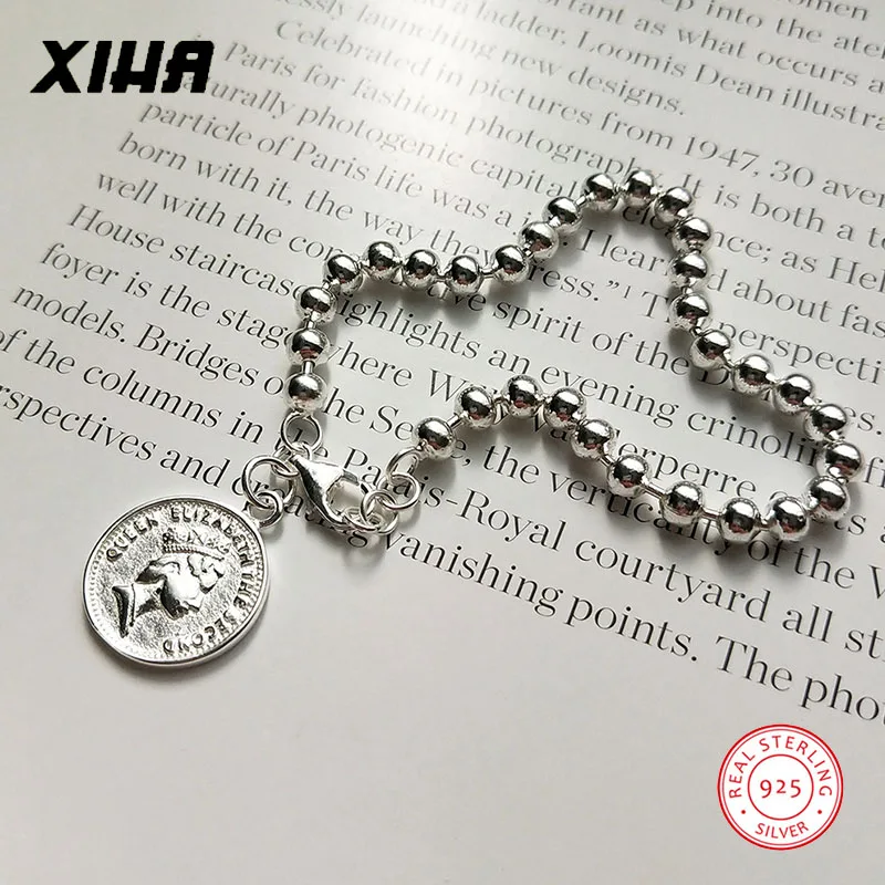 Queen Elizabeth античный браслет для монет для женщин 925 пробы серебро Бохо ювелирные изделия персонализированные Диск Европейский бисер, подвеска браслет