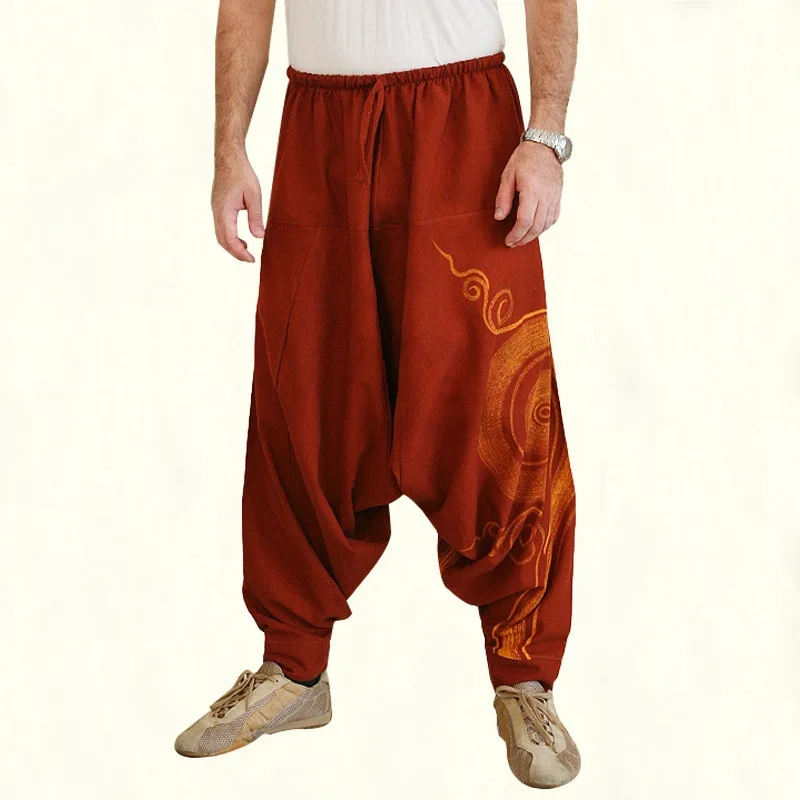 Повседневные мужские хлопковые мягкие свободные брюки для пляжа, йоги, Длинные слаксы, брюки, большие размеры, мужские свободные брюки в национальном стиле - Цвет: Оранжевый
