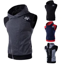Western Style Men Oblique Zipper Hooded Fight Skin Printed Fitness Sports Waistcoat Mj01