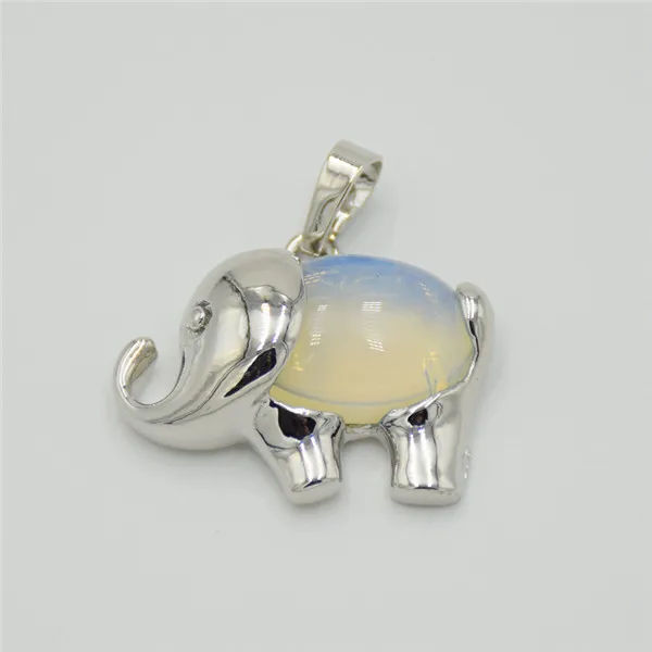 Fashion Silver Color Cute Animal Elephant Natural Stone Crystal Bead Pink Quartzs Tiger Eye Necklace Pendant for Women Men Charm - Окраска металла: Opal