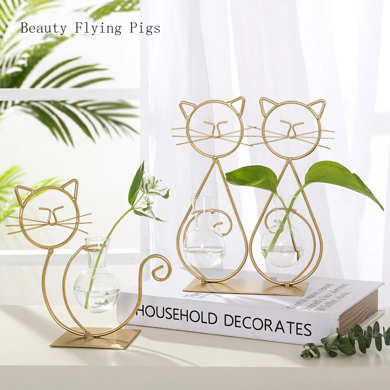 Прямая ins ветер золото кованого железа Милая подвеска в виде кошки гидропонное стекло ваза гостиная Креативный цветочный орнамент