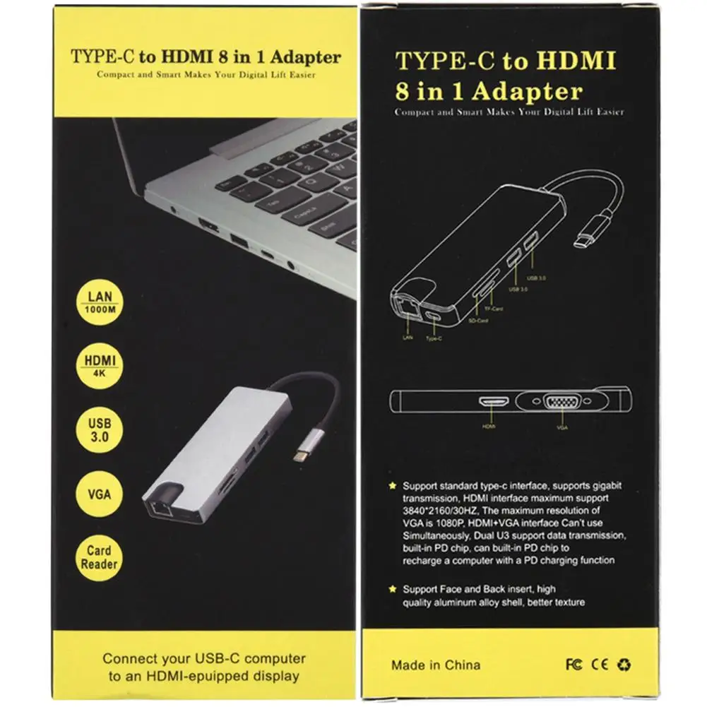 8 в 1 USB C концентратор адаптер USB C к HDMI USB 3,0*2 концентратор кард-ридер док-станция с гигабитной сетевой картой