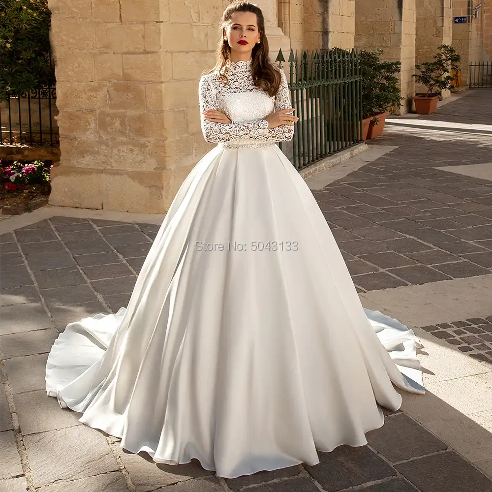 high neck satin ball gown