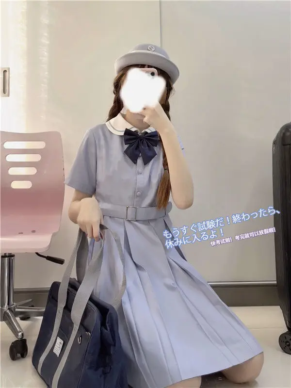 Harajuku Sailor Collar Navy Dress Japanese Lolita Sweet Bow-knot Girl Retro Cotton Kawaii Preppy Style Short Sleeve Dress Women