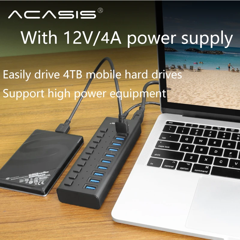 USB 3,0 концентратор 10 Порты и разъёмы 12V 4A Мощность адаптер usb-хаб 3,0 Зарядное устройство с переключателем Мульти USB разветвитель USB3.0 концентратор для Macbook портативных ПК