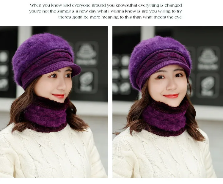 windproof lady hat winter plush velvet thick scarf cap mother warm beanies outdoor faux rabbit fur hat and collar scarf two set