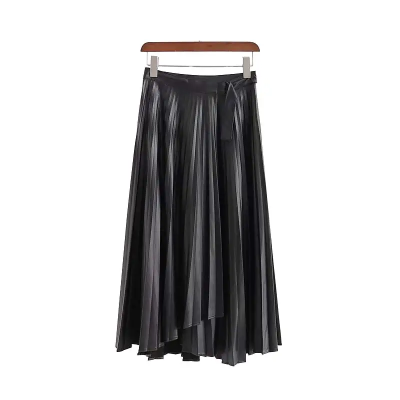 Vadim Женская юбка из искусственной кожи, юбка с пуговицами, необычный дизайн, юбки черного цвета, Женская шикарная плиссированная юбка до середины икры, mujer BA811 - Цвет: as picture