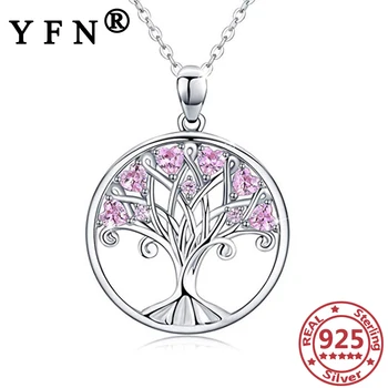 

YFN 925 Sterling Silver Life of Tree Pendant Necklace With Pink Cubic Zircon 925 Silver Chains Mother's Day Gift Graduation Gift