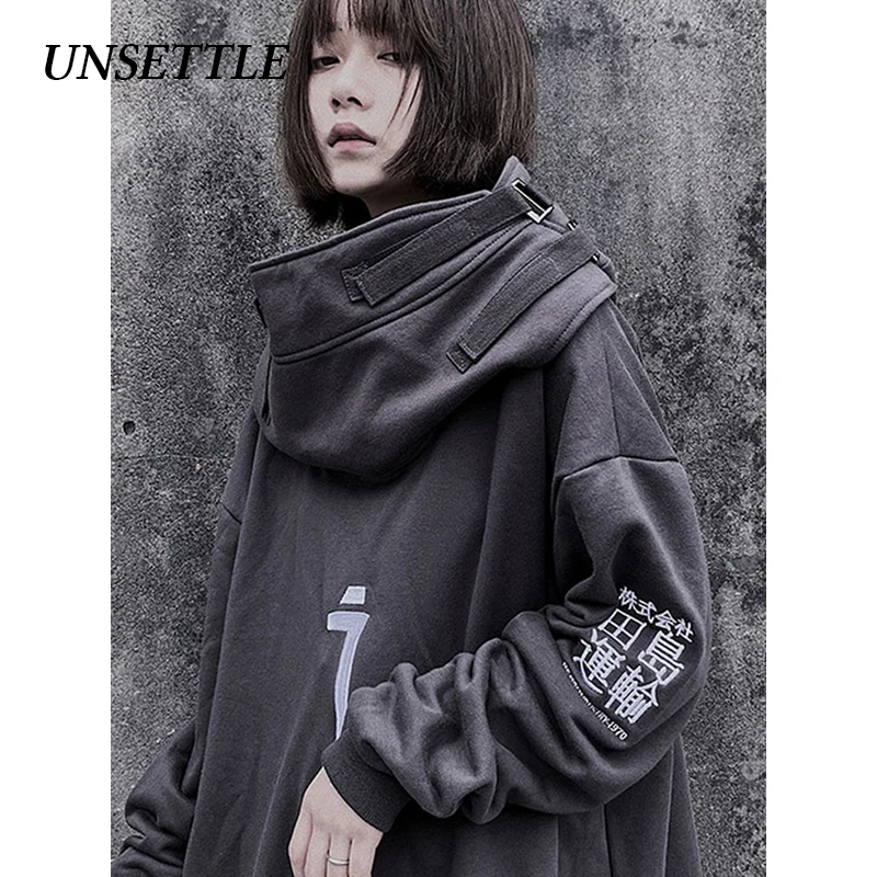 UNSETTLE High neck Fish mouth Pullover japanese Sweatshirts Men/Women Hoodies oversize Streetwear Hip Hop Harajuku Male Tops
