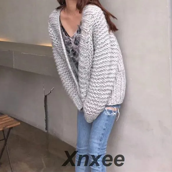

Осенне-зимний женский кардиган из плотной грубой шерсти, свободный свитер с длинным рукавом и V-образным вырезом, женский теплый вязаный джемпер, Повседневная Верхняя одежда Xnxee