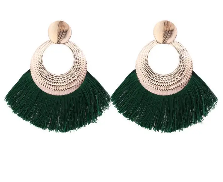 Bohemian Green Beaded Tassel Drop Earrings for Women Big Statement Earrings Female Wedding Fringe Hanging Earings