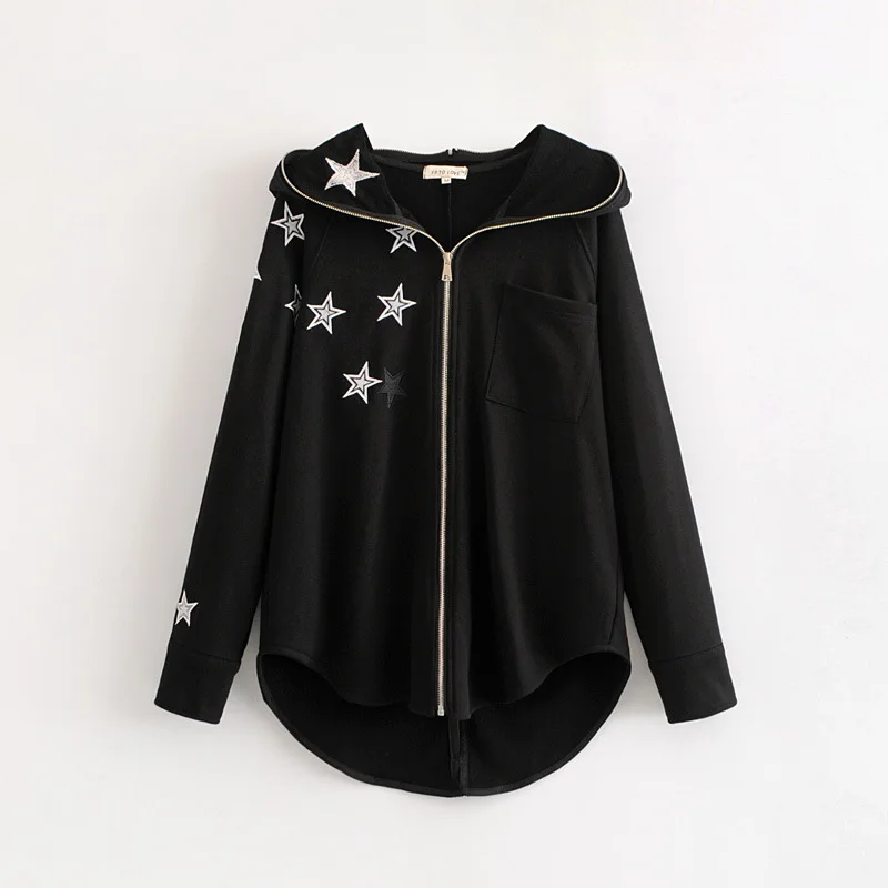 

04dw9-8676 2018 Winter New Style Five-pointed Star Embroidered Hooded Cardigan Coat Women's