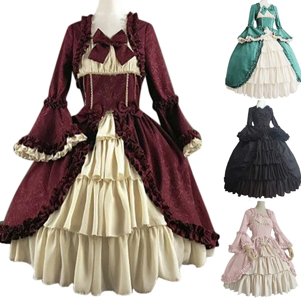 

Fashion Women Medieval retro Gothic court dress square collar waist stitching bow dress dress Square Collar Patchwork Bow Dress
