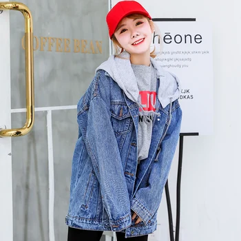

2019 new Detachable hooded denim jacket women Long loose casual Tearing Hole jean coat female denim jackets spring autumn