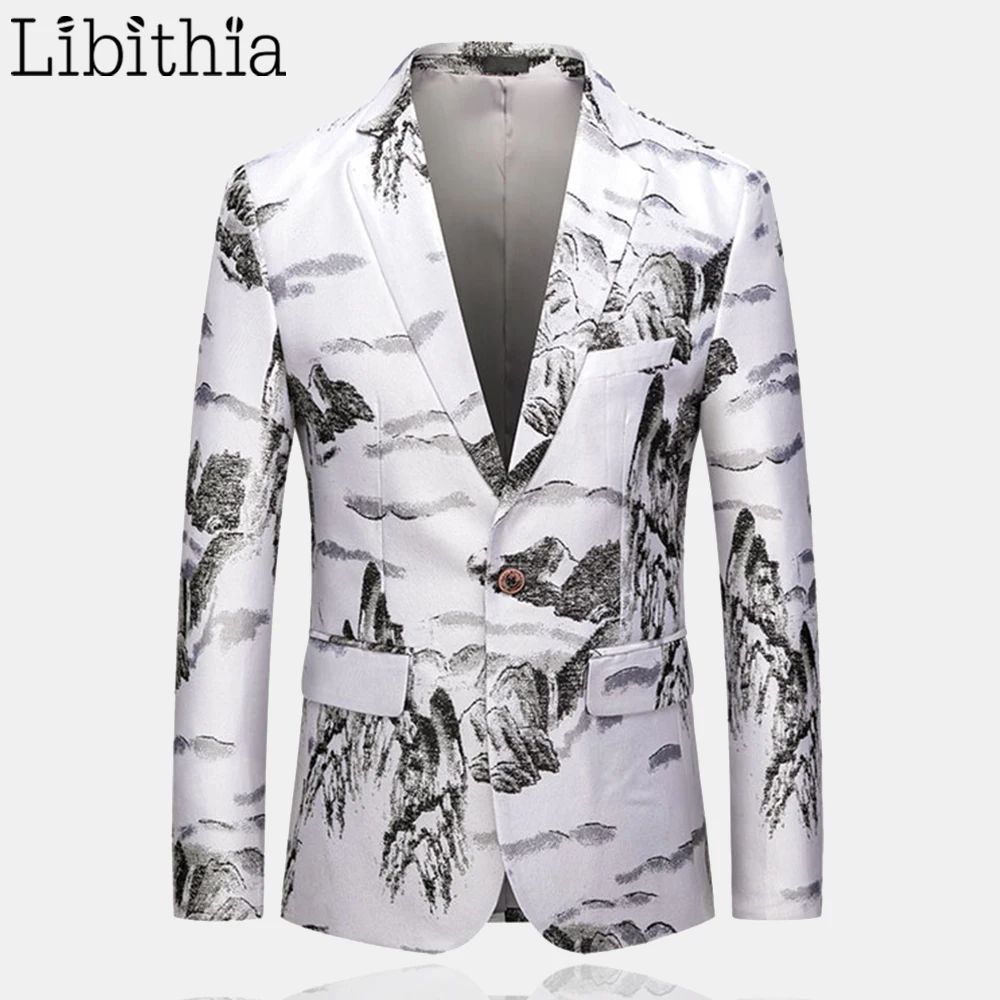 

Men's Landscape Painting Print Blazers Slim Fit Casual Jackets Chinese Styles White Plus Size M-6XL Clothes Male A114