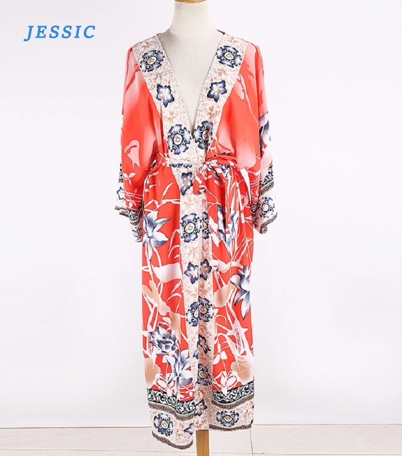 

JESSIC Oversize Beach Cover Up Kimono Vintage Print Floral Holiday Bikini Outing Boho Loose Long Cardigan 2020 Orange Coat