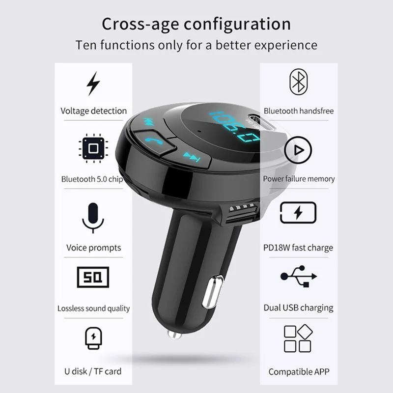 Автомобильный комплект JaJaBor Bluetooth 5,0, беспроводной fm-передатчик, громкая связь, воспроизведение музыки, двойной USB, автомобильное зарядное устройство, PD 18 Вт, быстрая зарядка