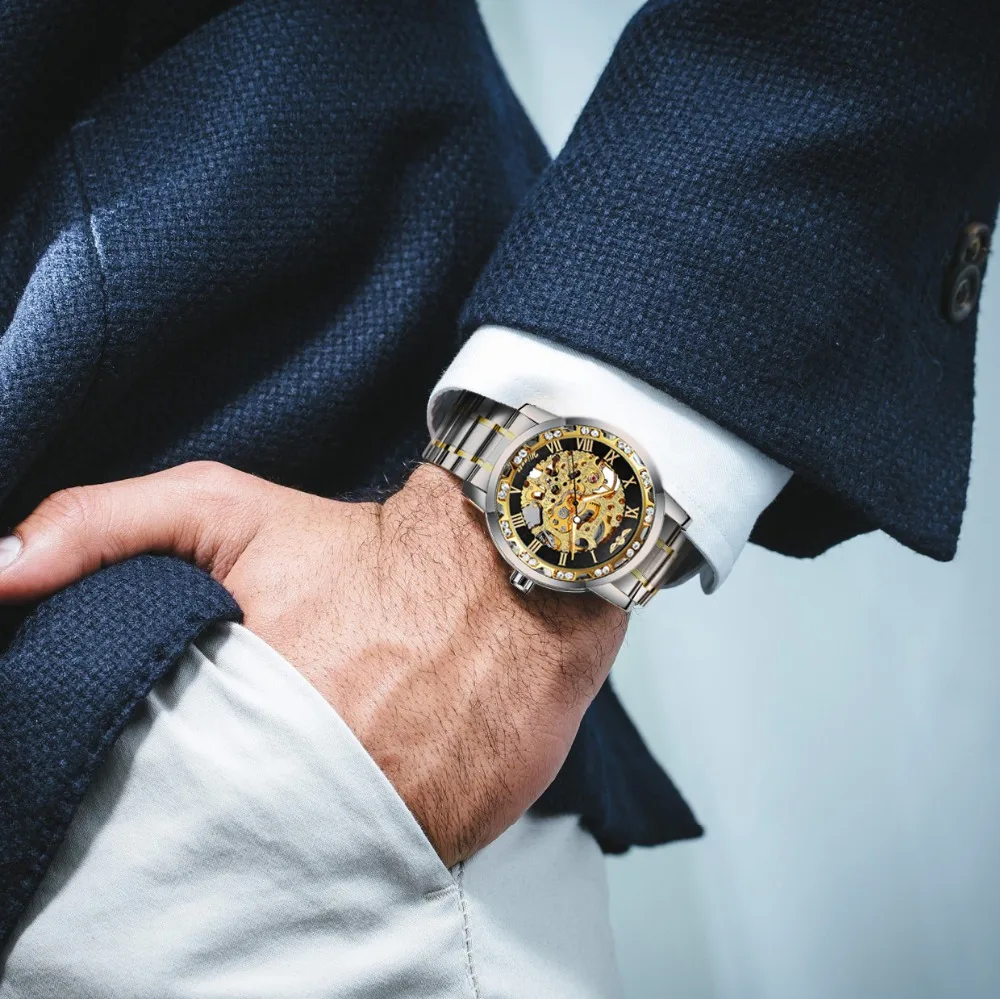 Победитель официальный Скелет механические часы для мужчин хип хоп кристалл Iced Out мужские s часы лучший бренд класса люкс стальной ремешок бизнес часы