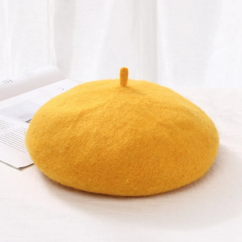 Lady spring Winter Berets Hat Painter style hat Women Wool Vintage Berets Solid Color Caps Female Bonnet Warm Walking Cap - Color: HT3786YW