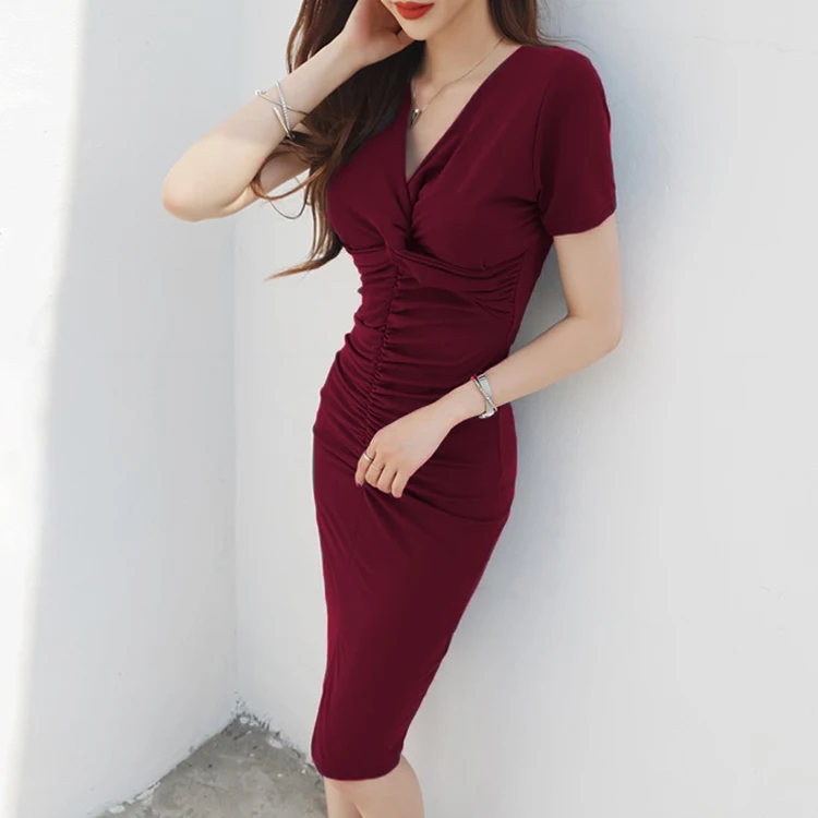 Большие размеры, v-образный вырез, сексуальное облегающее женское платье, корейское красное летнее платье, миди-футляр, черное платье в стиле кэжуал, женское платье, Vestido Mujer