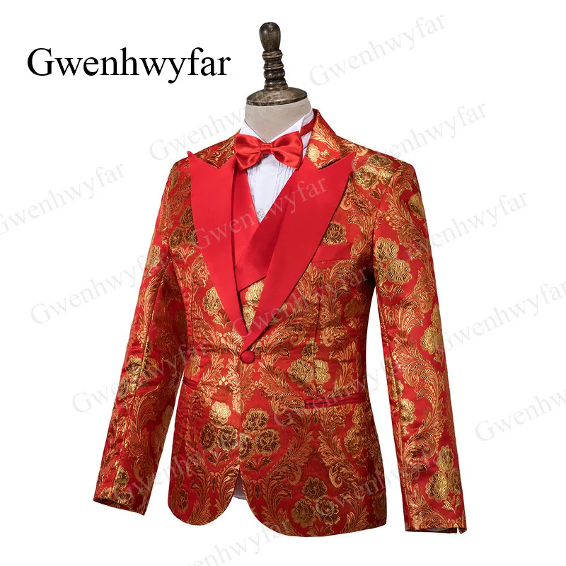Gwenhwyfar Luxury Gold Embroidery Red Costume Homme Asian Topic Wedding Men Suit Blazer Waistcoat Pants Bowtie