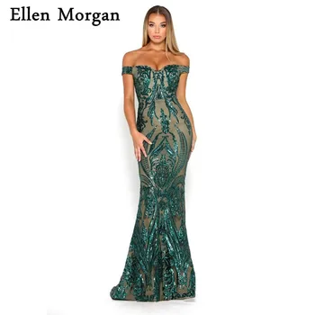 

Elegant Off Shoulder Mermaid Formal Evening Gowns 2019 Sexy Sweep Train Pattern Sequined Event Long Prom Gowns for Women Wear