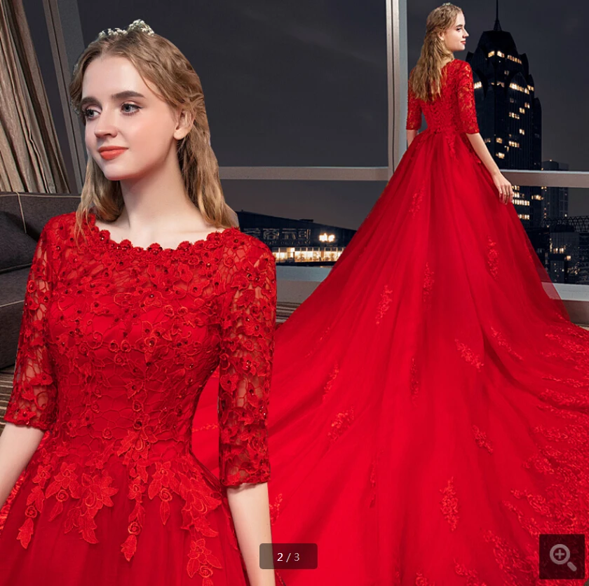 Robe de mariage,, красное кружевное свадебное платье, половинные рукава, бисерные Аппликации, принцесса, пышный корсет, платья невесты