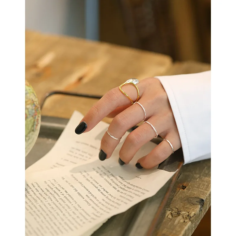 Silver Ring SHANICE Real S925 Sterling Open Irregular Hammer Pattern Minimalist Face Finger Women Adjustable Thin