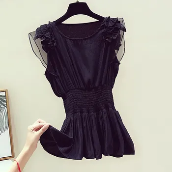 

2020 Spring Summer New Elegant Gauze Flounced Joint Crew Neck Sleeveless Shirt Women's Slimming Tops Black Blouse Ladies Blusas